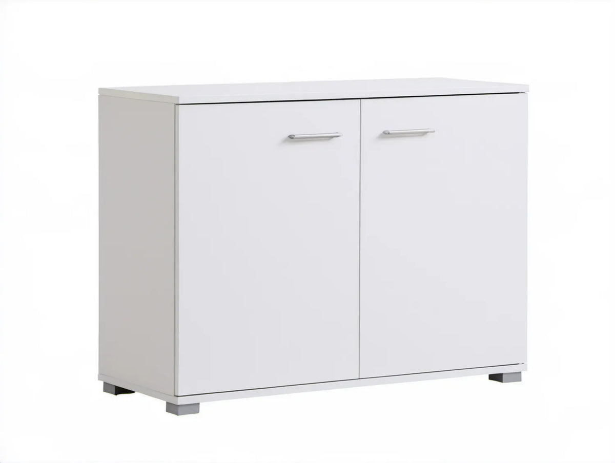 Biała szafka na buty z płyty wiórowej 80 x 35 x 70 cm ze srebrnymi uchwytami