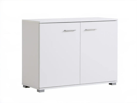Biała szafka na buty z płyty wiórowej 80 x 35 x 70 cm ze srebrnymi uchwytami