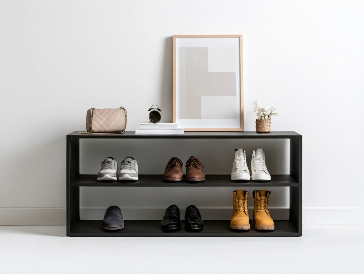 Czarny stalowy regał na buty 120 x 30 x 80 cm, 3 poziomy