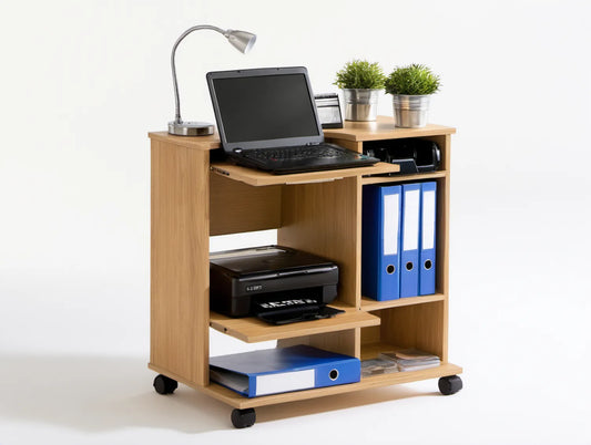 Mobilne stanowisko komputerowe w kolorze dębu, 80 x 50 x 100 cm, z wysuwaną półką i kółkami