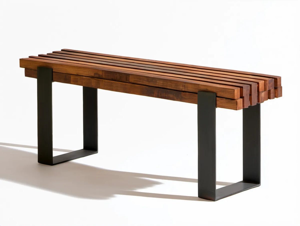 Ławka z litego drewna akacjowego i stali, brązowo-czarna, 120 x 35 x 45 cm