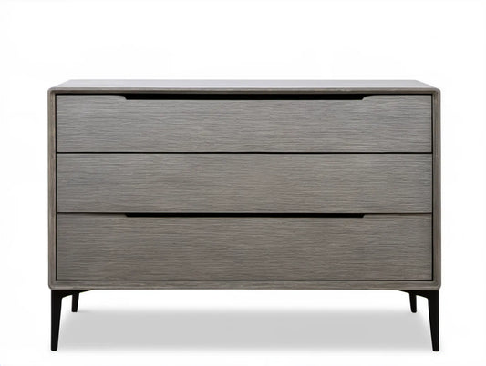 Szara komoda MDF z 3 szufladami i czarnymi nogami 120 x 45 x 80 cm